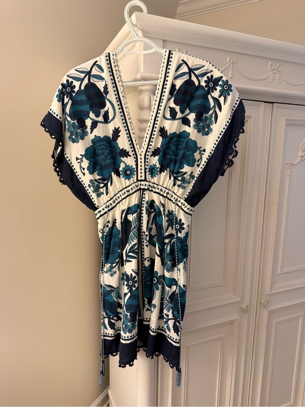 White and Teal Floral V-Neck Dress